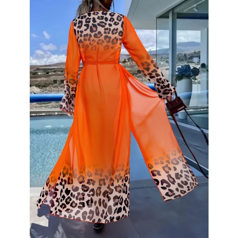 Women'S Chiffon Leopard Print Beach Cover-Up Dress - V-Neck, Long Sleeve, Tie-Waist, Lightweight & Breathable, Casual Beach Dress