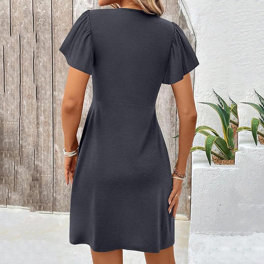 Women's Fashion Casual Dress V-neck Short Sleeve Chest Kink Pleated -Color Dress