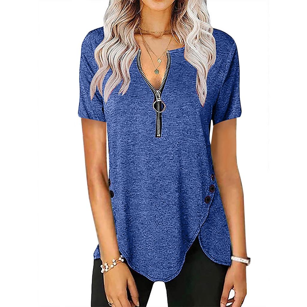 Womens Casual Color Zipper Short Sleeve Loose Top T-Shirt Blouse