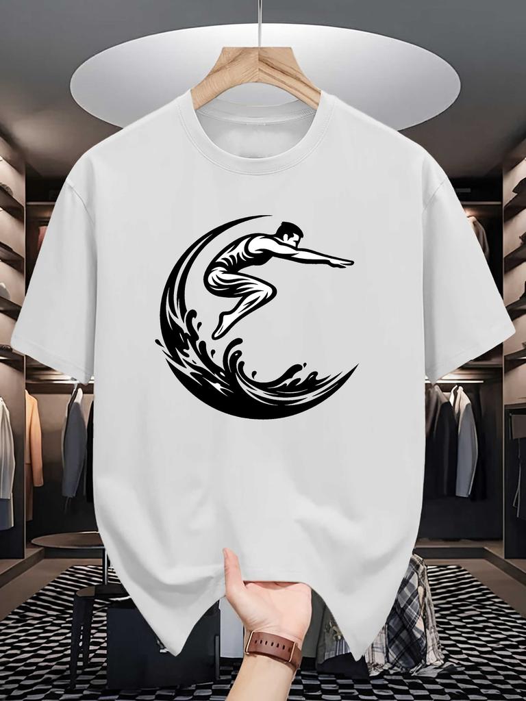 Monochrome Tribal Surfer On Wave Graphic Unisexs Crew Neck T Shirt Ocean Surf Culture Print Short Sleeve Casual Cotton Summer Tops