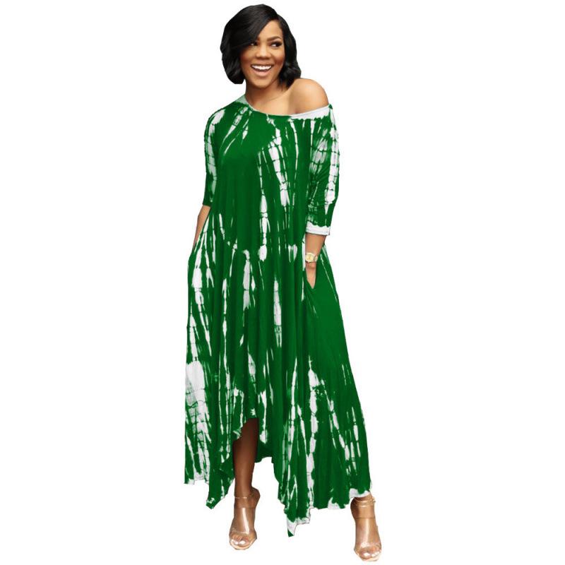 

2026 European & American Women s Tie-dye Long Slit Skirt Dress with Pockets and Wide Neck L зелений