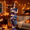 Women's V-Neck Short Sleeve Scrub Set with Pockets, Halloween Print Top and Pants for Uniform