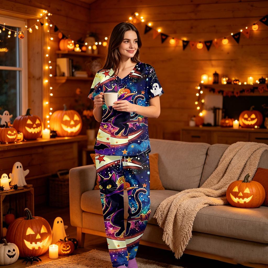 Women's V-Neck Short Sleeve Scrub Set with Pockets, Halloween Print Top and Pants for Uniform