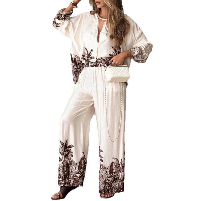 European & American Fashion Printed Cardigan and Wide-Leg Pants Set