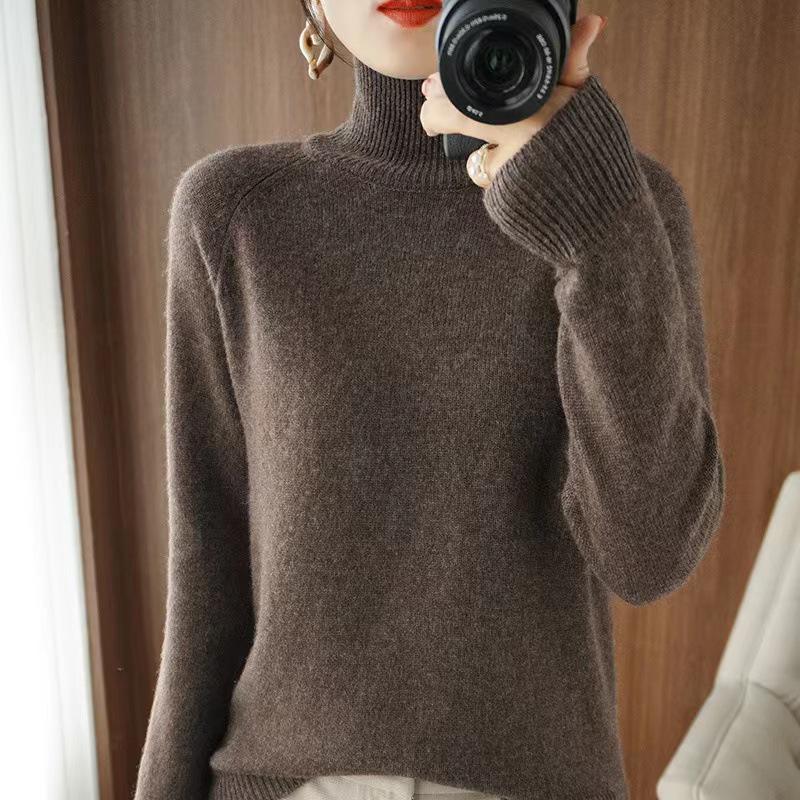 Women's Cashmere High Collar Pullover Sweater - Autumn/Winter 2023 Loose Knit, Solid Color 