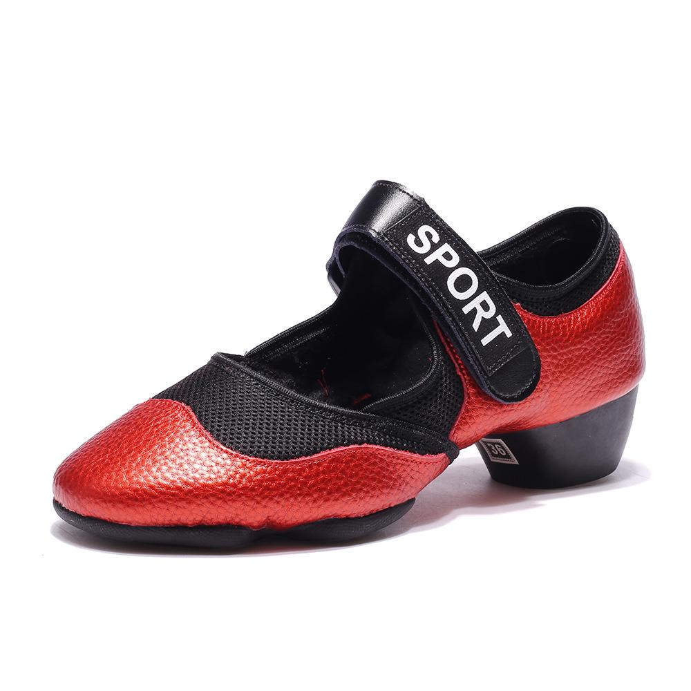 Wu Pa Women's Low Heel Leather Dance Shoes - Soft Sole, Breathable, Velcro Closure, Ideal for Ballroom, Middle-Aged & Elderly.