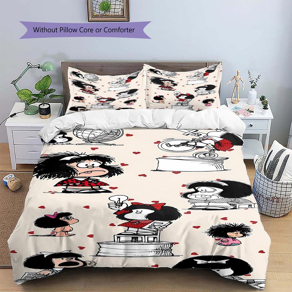 Pościel z wzorem Mafaldy, Zestaw kołdry Poszewka na kołdrę Poszewka na poduszkę Domowy prezent urodzinowy (1 * poszwa na kołdrę + 2 * poszewki na poduszki, bez rdzenia)