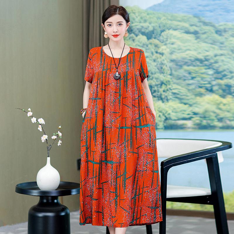 2 Neues hochwertiges florales Baumwoll-Seiden-Kleid für Damen-Sommer-Temperament, Bauchbedeckung für Mütter, große Größe künstliche Baumwolle langer Rock