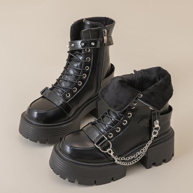 Women Punk Ankle Boots Platform Buckle Design Motorcycle Boots Lace Up Block Heel Shoes Chain Decoration Casual Outdoor Shoes 40