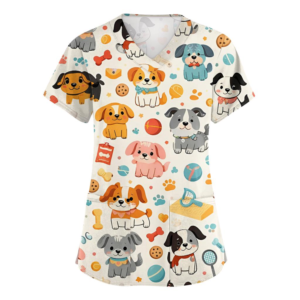 Women's Casual Short-Sleeve Cute Animal Print V-Neck Pocket Workwear Top