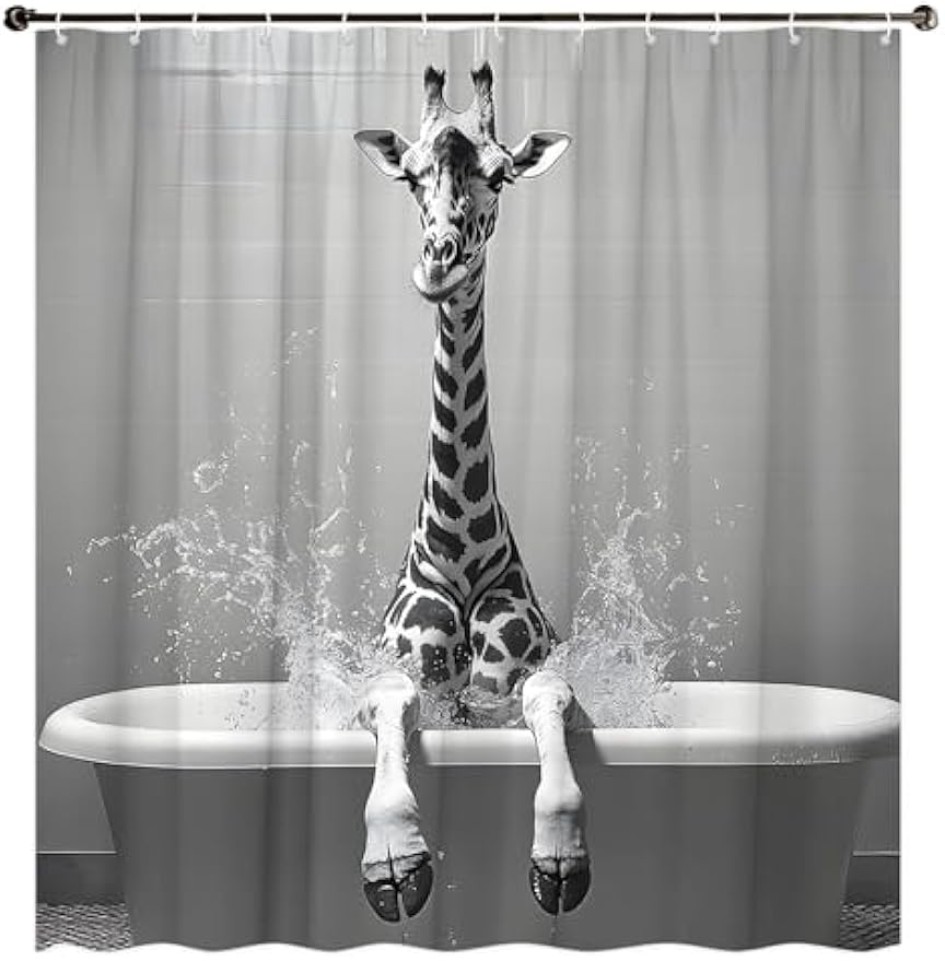 The Cute Giraffe Is Sitting In The Bathtub And Taking a Bath  Animals Wildlife Vintage   Fabric Bathroom Decorative Curtain