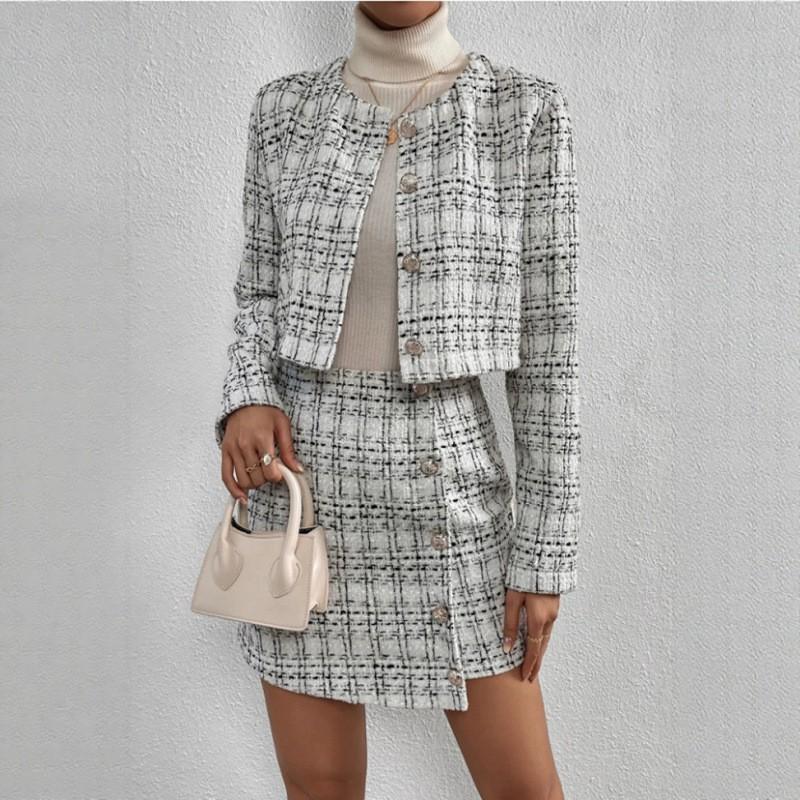 Womens Striped Plaid V-Neck Long Sleeve Blazer A-Line Midi Skirt 2-Piece Set