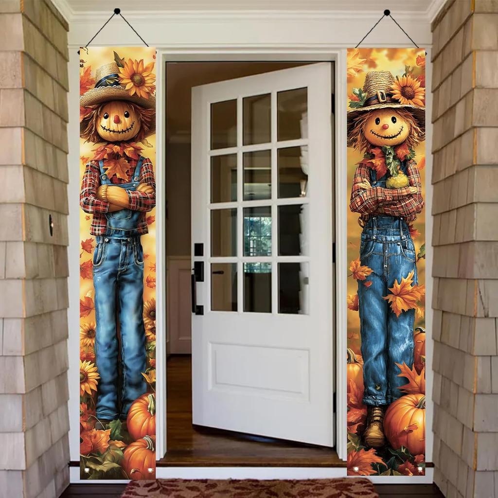 2PCS Fall Porch Sign Scarecrow Porch Banner Autumn Harvest Door Decoration Thanksgiving Front Door Decor Rustic Farmhouse Vertical Outdoor Hanging