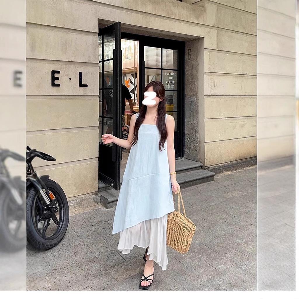 White vest skirt women's summer new French loose design medium and long irregular suspender dress
