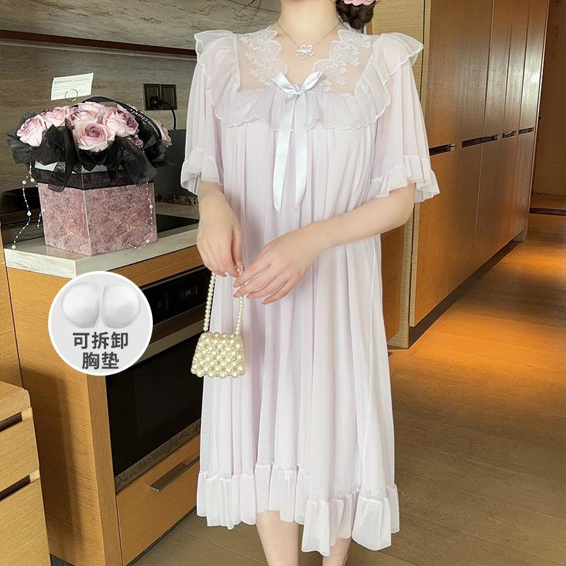 Summer Style Solid Color Lace Bow Mesh Court Princess Style Medium Long Nightdress Pajamas Loungewear