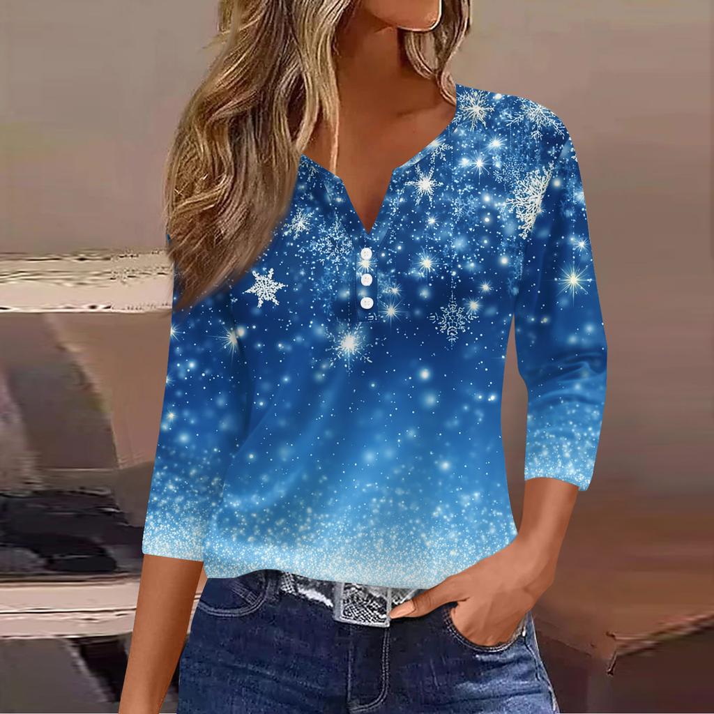 Women's Fashion Casual Christmas Tree Print V-Neck Decorative Button Three-Quarter Sleeve T-Shirt Top