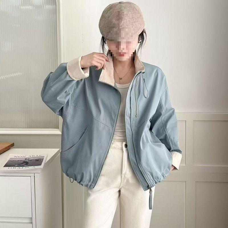 European Style Stand Collar Double Zipper Women's Color Block Jacket - 2025 Spring Casual Loose Fit