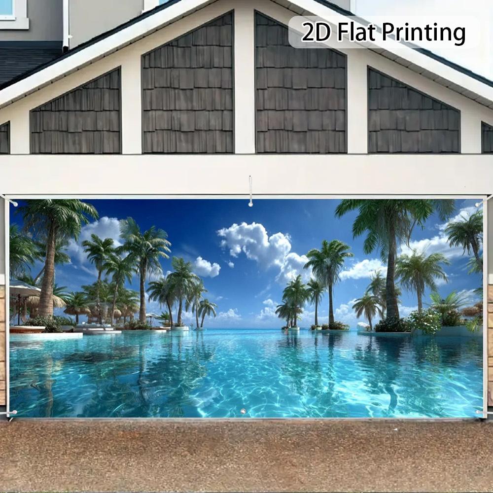 2D Planar Drawing 1 Tropical Palm Resort Pool Cover  for Garden Party Decoration Walls Garage Door Polyester Material
