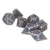 7pcs Hollow Dice Set Brass Rolling Beautiful Polyhedron Dices with Blue Numbers for Games