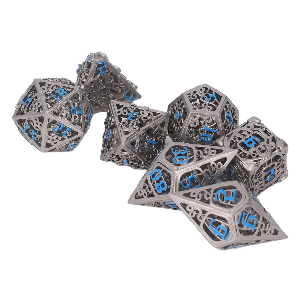 7pcs Hollow Dice Set Brass Rolling Beautiful Polyhedron Dices with Blue Numbers for Games