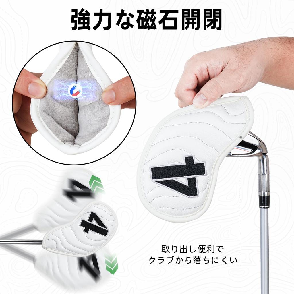 Set of 10 Golf Iron Covers, Magnetic Wedge Covers, and Club Headcovers (4-9, P, A, S, X) with White Synthetic Leather and Golf Course Pattern