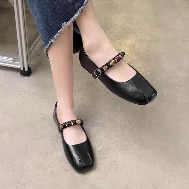 

Fashion 2025 New Designer Faux Suede Flats Women Round Toe Ethnic Style Elegant Mary Jane Shoes Luxury Gemstone Buckle Design Brand 35 чёрный