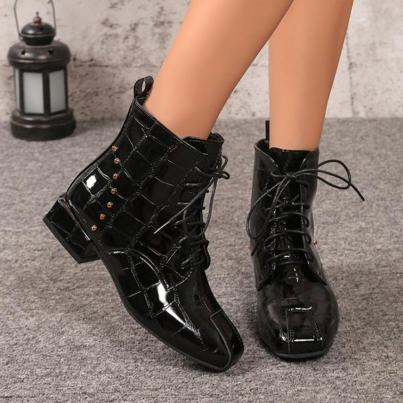 Fashion New Rivet Block Heel Lace-Up Booties Autumn and Winter Women's Square Toe Temperament Middle Leg Boots