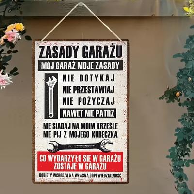 Polish Zasady Garau Metal Tin Sign Funny Garage Rules Wall Decor for Man Cave Bar Car Enthusiasts Garage Owners