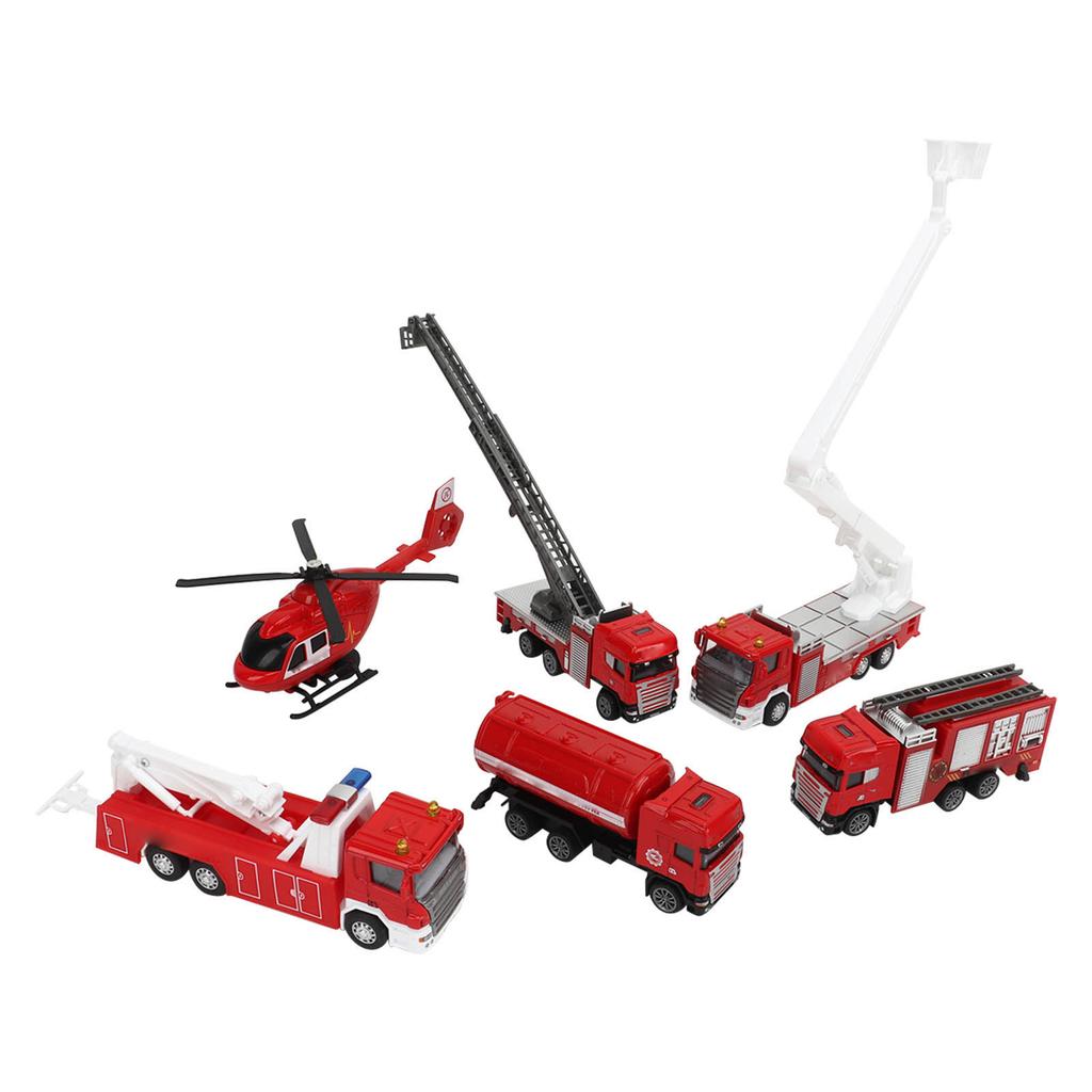 1:50 6pcs Diecast Fire Truck Vehicle Toy Set Pull Back Helicopter Ladder Emergency Vehicle