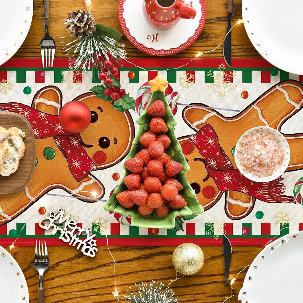 Gingerbread Candy Cane Christmas Table Runner for Home Party Decor, 33x183cm