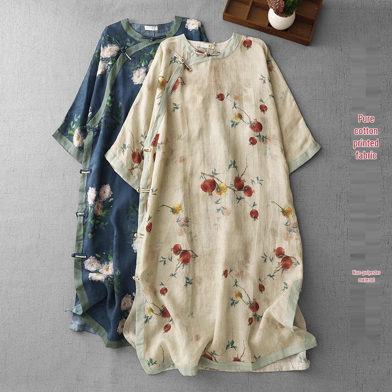 Blue Pomegranate Print Cotton Linen Tea Dress with Frog Buttons