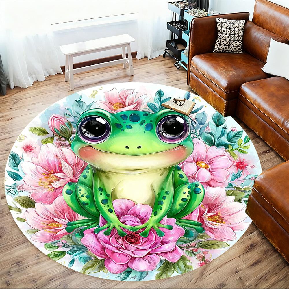 1PC Frog Flowers Office Round Area Rug, Under Office Chairs Bedroom Living Room Home Decor,Carpet for Office, -1110236