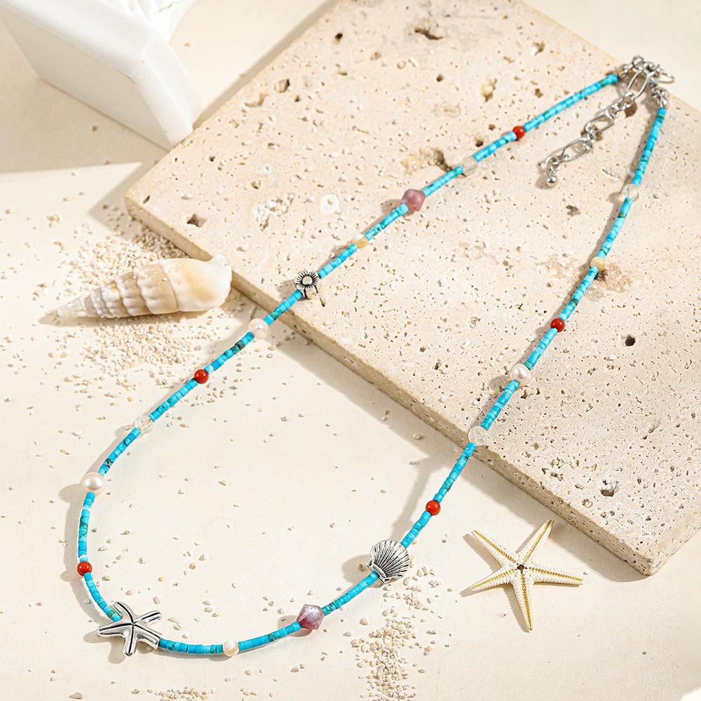 GEMCHIC Women's Summer Starfish Vacation Style Colorful Natural Stone Beaded Necklace with Natural Pearl