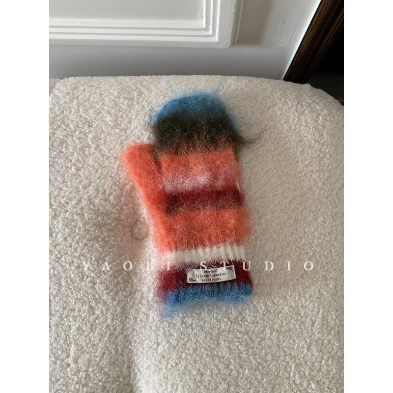 Jintai rainbow color matching stripes~ atmosphere plush mittens women's autumn and winter warm and cold moisture