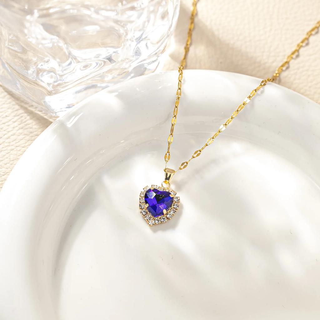 Stainless Steel Chain Classic Shiny Colorful Zircon Love Heart Pendant Necklace for Women Cute Simple Jewelry Accessories Gifts