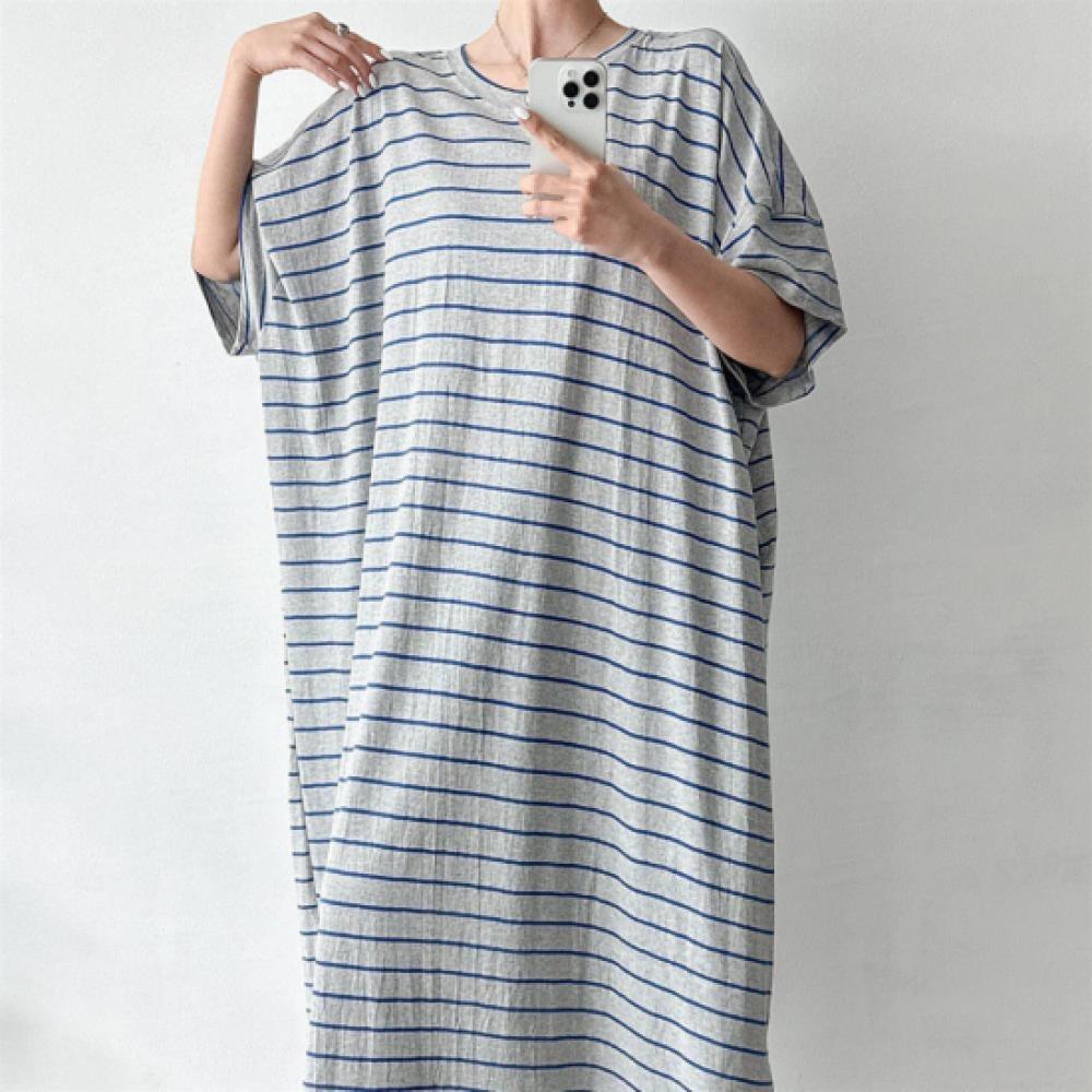 New ArrivalS Open Run Women S Striped Big Size Homewear Slit Long dreSS Cotton