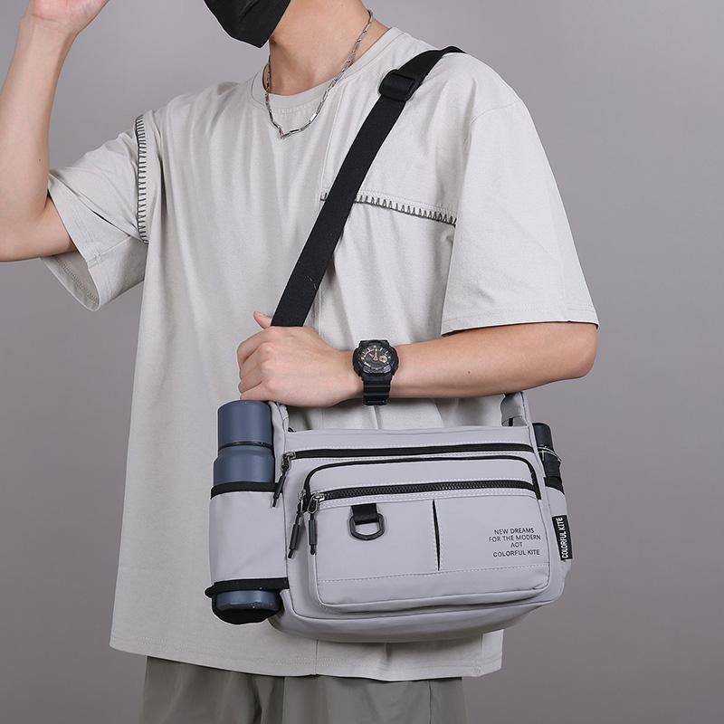 Multi-Zipper Pocket Men Shoulder Crossbody Bag with Bottler Holder Large Space Casual Messenger Bag for Outdoor Daily Use