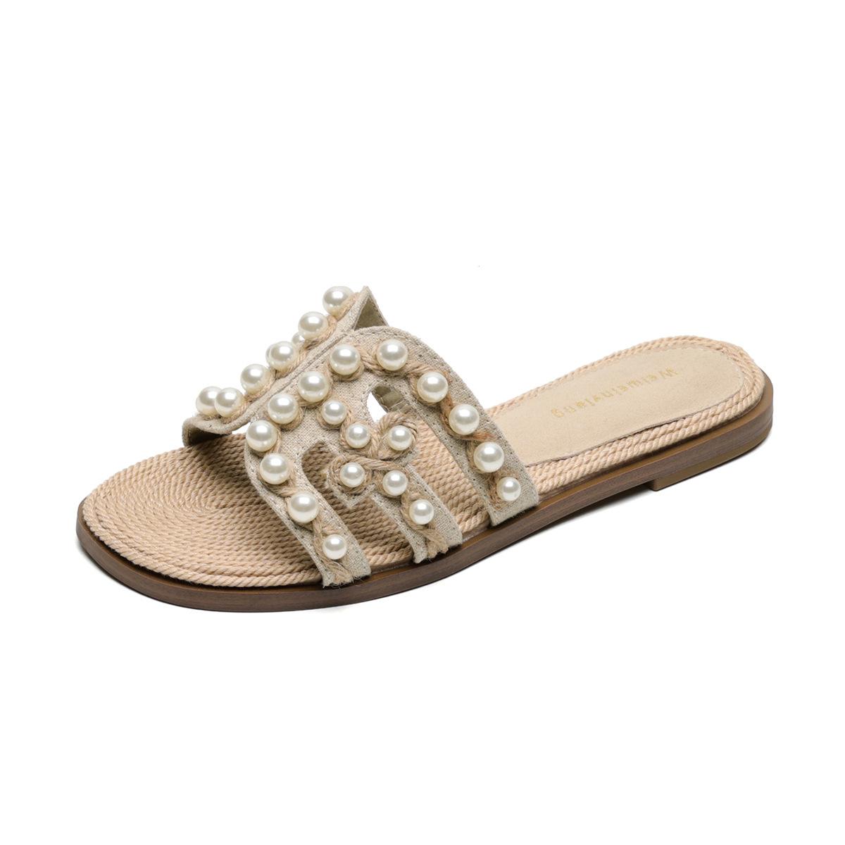 

Straw pearl beach cool slippers flat-bottomed slippers women s summer wear weaving high-end sense 42