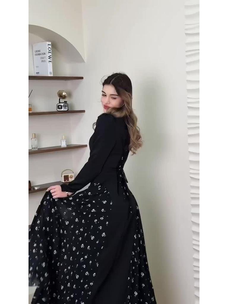2025 Spring Long-Sleeved Floral Print Dress - European and American Style, Round Neck, Long Skirt