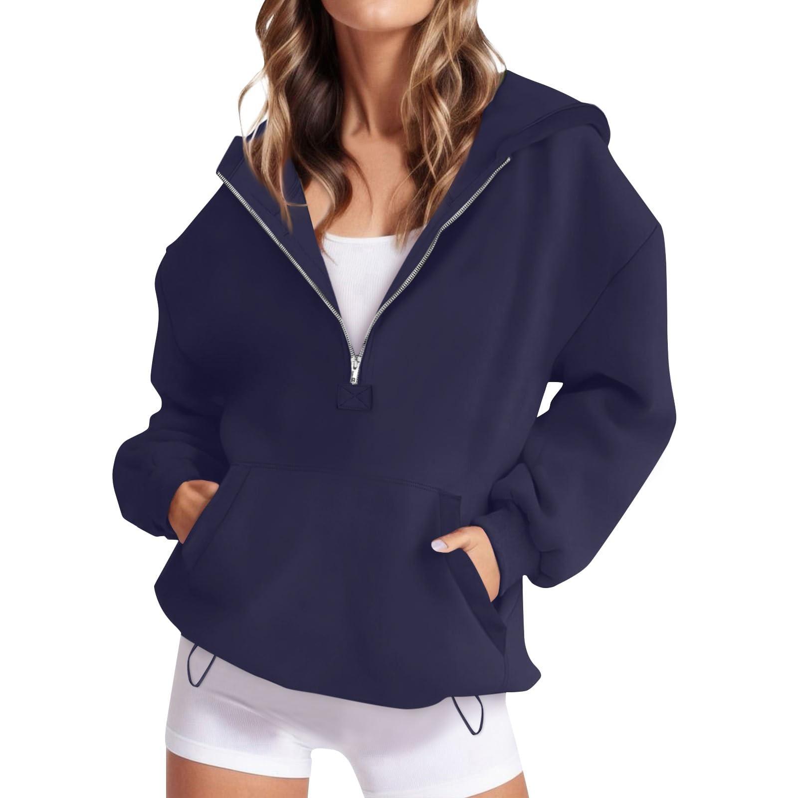 

Women s Loose Comfortable Casual Fashionable Solid Color Hooded Zipper Drawstring Sweatshirt L Темно-синій