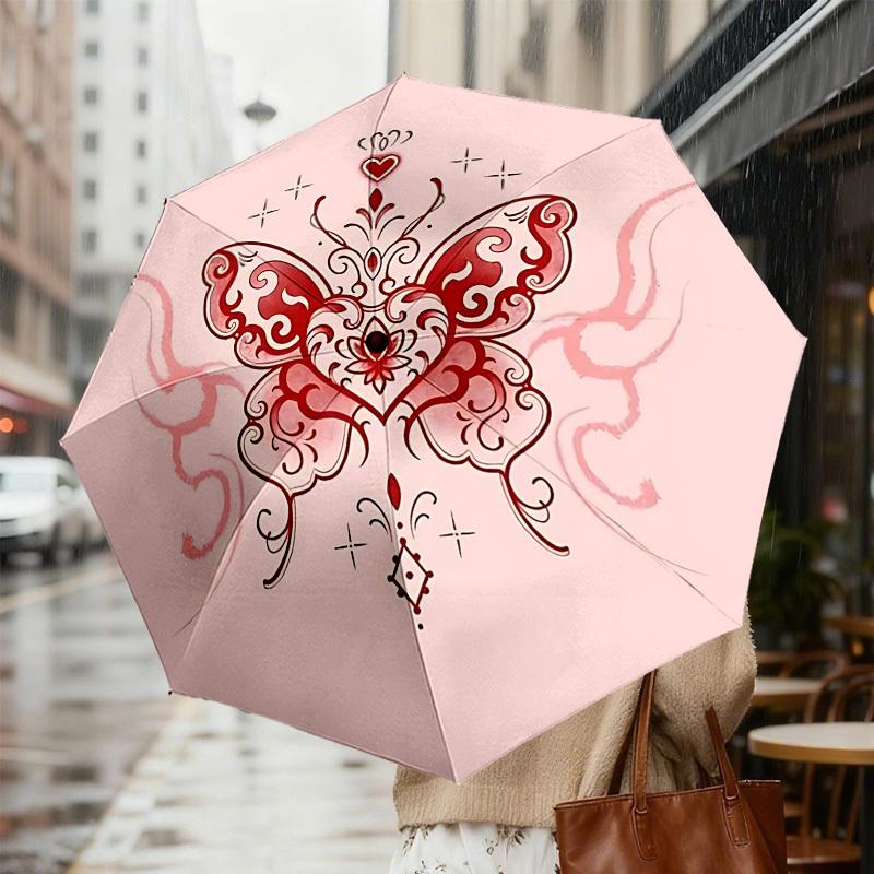 1pc Butterfly Heart Automatic Folding Umbrella 8 Rib Iron Frame,  Suitable for Travel, Daily Use, Birthday, Women & Men Gift c1231067