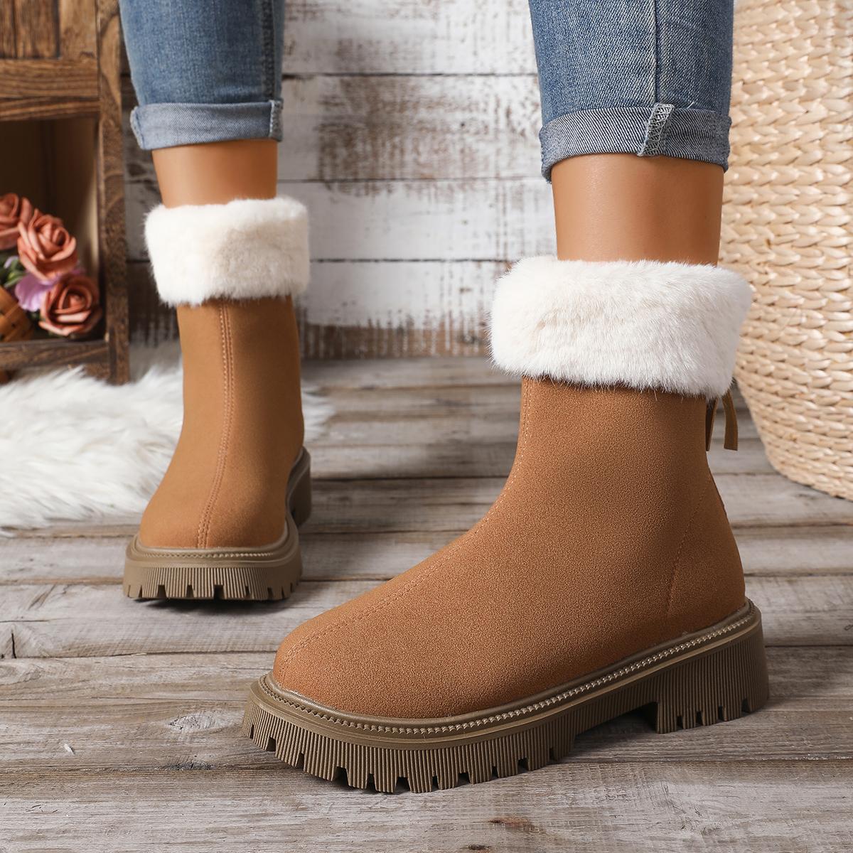

Зимние женские сноубутсы, пушистые замшевые туфли на платформе, нескользящие теплые плюшевые ботильоны, женская уличная пушистая повседневная обувь на молнии 42 35 темно-коричневого