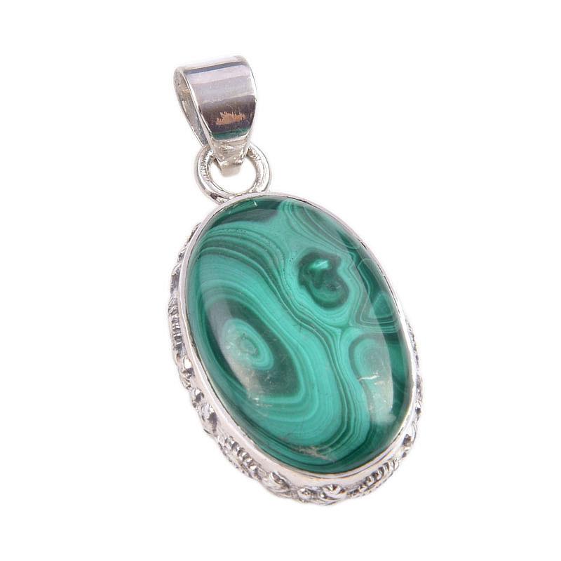 Pietră prețioasă Malachit Natural Lucrat Manual Argint Sterling Masiv 925 Pandantiv 1.5'' K0G96