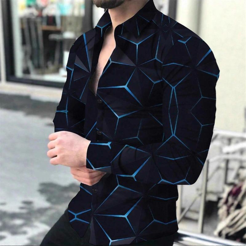 Spring Men Geometric Print Long Sleeve Shirt Slim Fit Casual Top