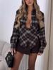 2026 Spring Plaid Lace-up Long-sleeve Shirt with Irregular Hem and Cinched Waist