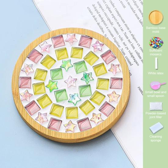 DIY Glass Mosaic Tile Coaster Set Mixed Color Mosaic Kit with Wooden Coaster Kids Adults Handmade Mosaic Crafts Coaster with Accessories