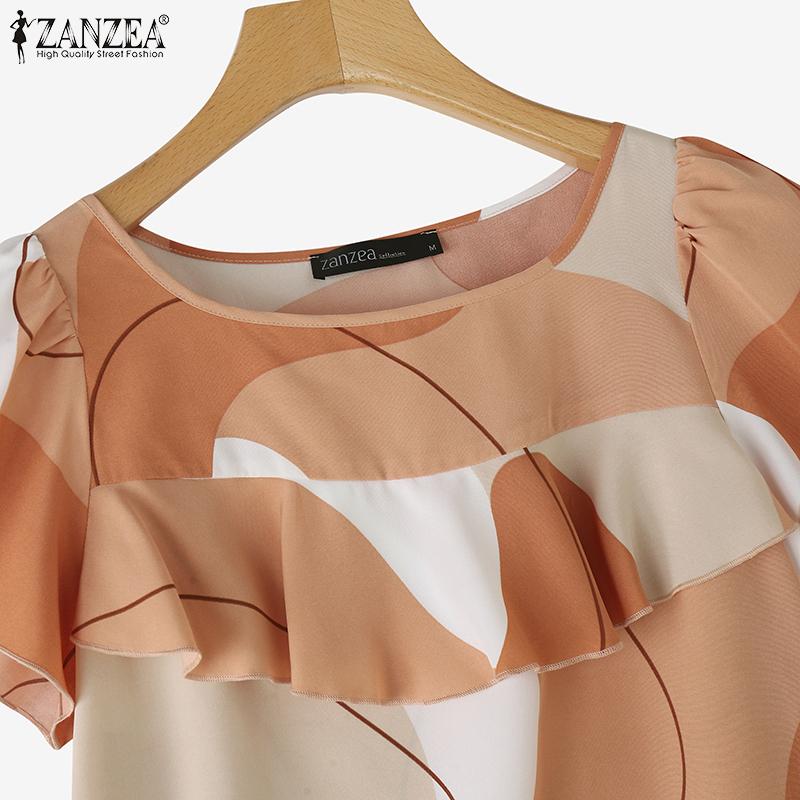 ZANZEA Women Casual Round Neck Short Sleeve Ruffles Print Blouse