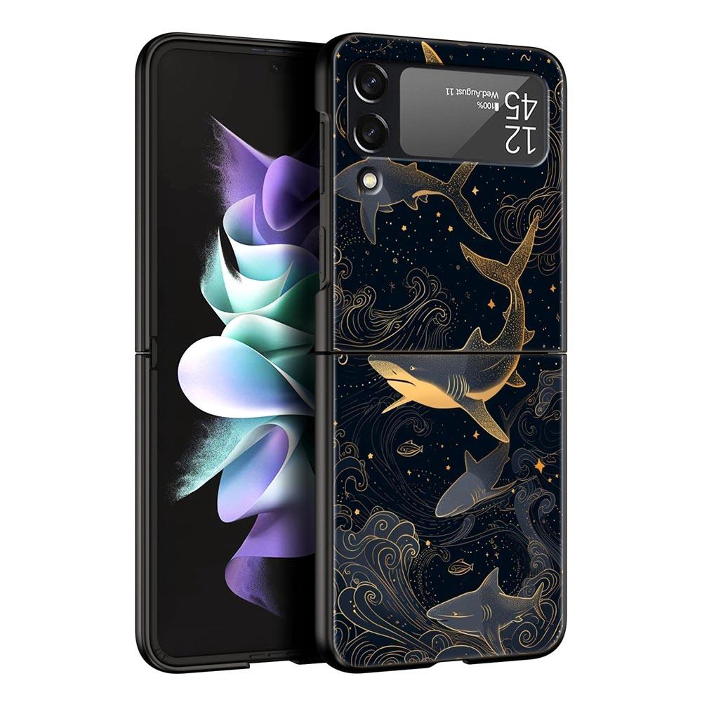 Seaside Sharks Pattern Hard PC Phone Case For Samsung Galaxy Z Flip 7 6 5 4 Black Cover For Galaxy Z Flip 3 Foldable Shell Capas