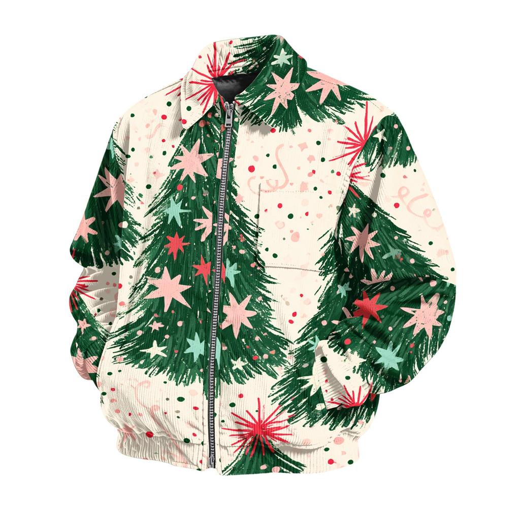 Men's Corduroy Zip-Up Jacket with Pockets, Long Sleeve Casual Coat with Christmas Print