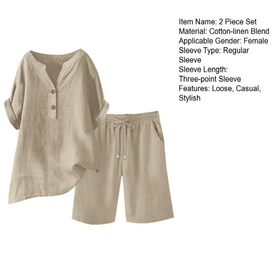 Ensembles 2 pièces en coton lin pour femmes Haut à manches courtes col en V Ensemble short à jambes larges Été Décontracté Ample Ensemble de détente
